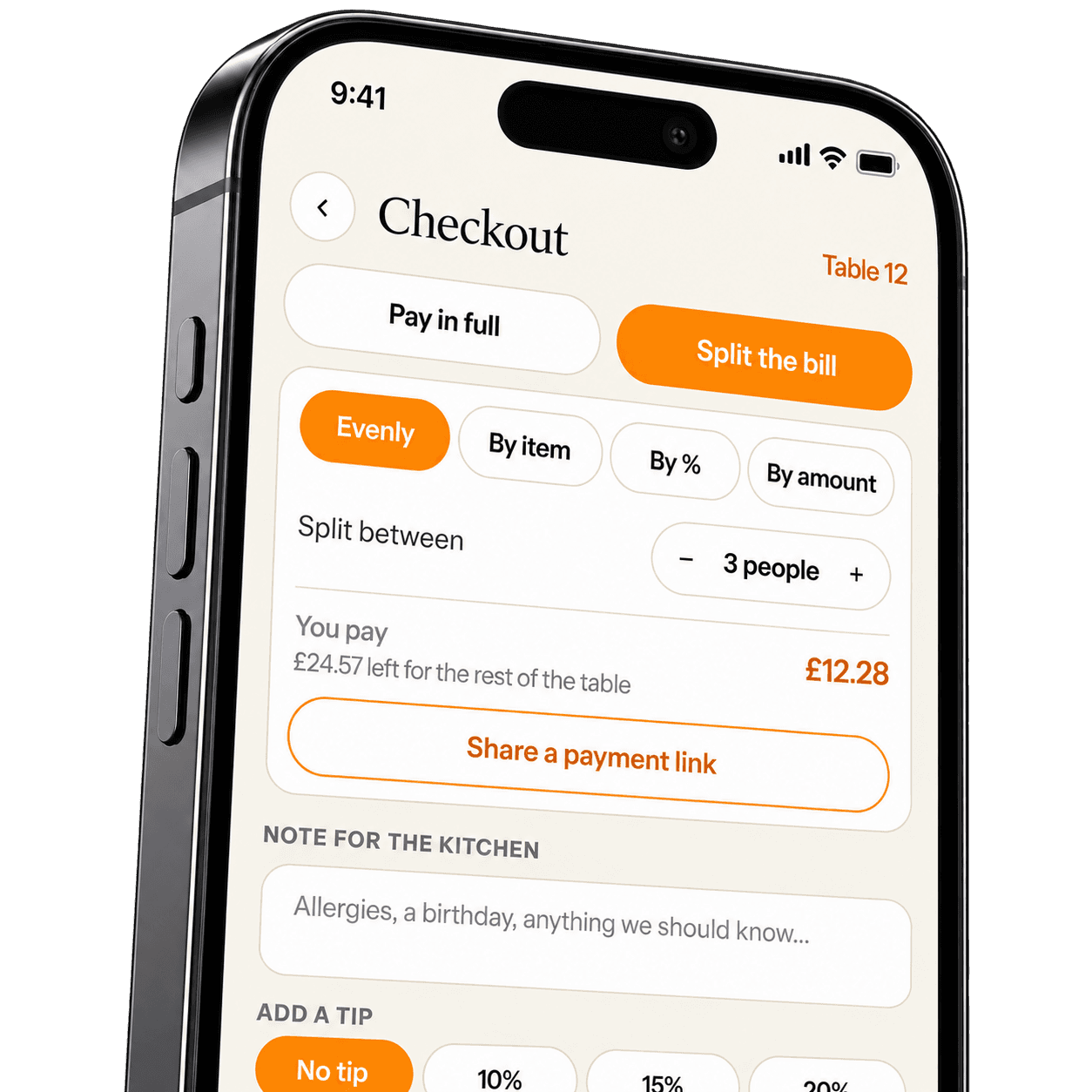 Servd checkout screen with split bill and tip options
